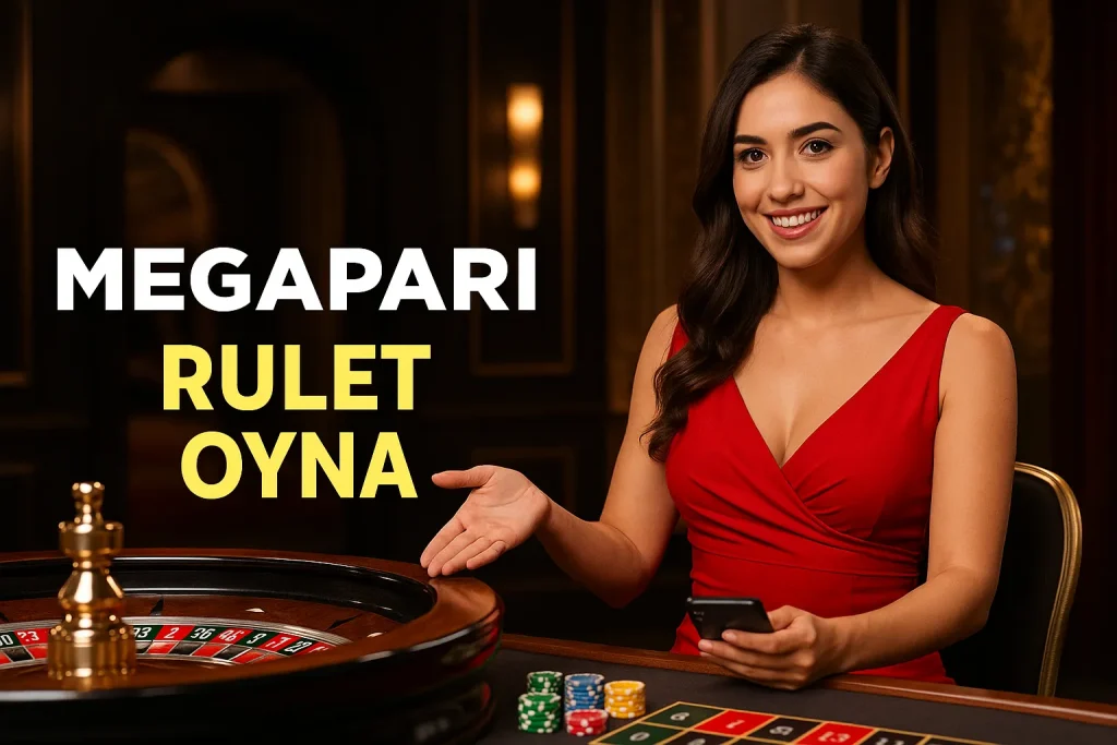 Megapari rulet masası, dönen çark, top ve canlı krupiye ile casino görseli